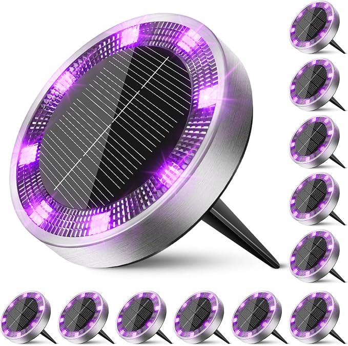Solar Ground Lights Outdoor, 12 Pack Flat Solar Powered Disc Lights, IP68 Waterproof, Anti-Rust, Landscape Lighting for Pathway Garden Yard Lawn Walkway Landscape Driveway, Purple