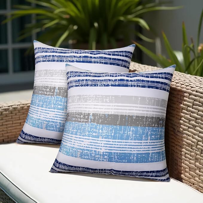 18x18 Waterproof Outdoor Pillows, Set of 2 Outdoor Throw Pillows | Patio Furniture Pillows, Fluffy Decorative Pillows, Waterproof &Fade Resistant, Removable & Washable, Stripe Blue White