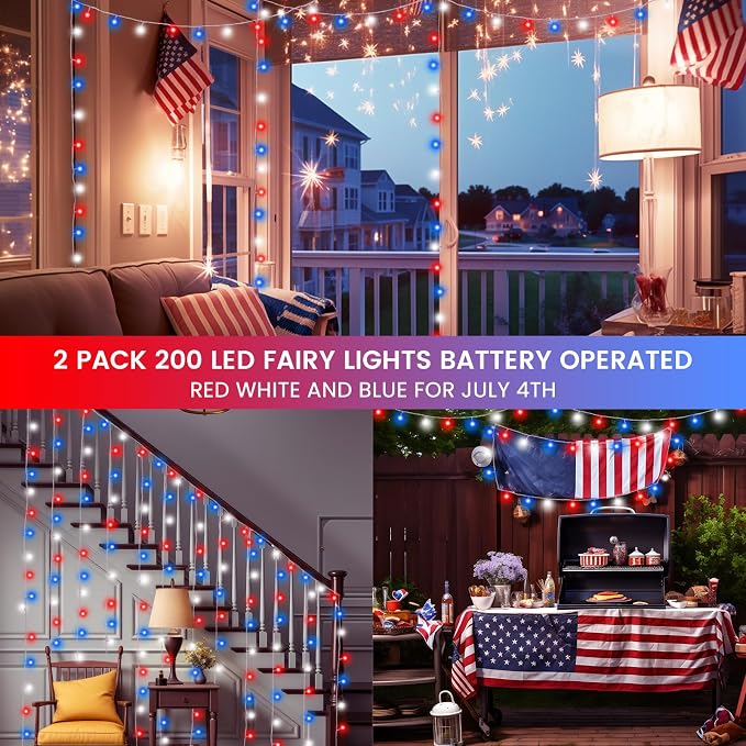 2 Pack 200LED Red White and Blue Lights Battery Operated, Fairy Lights | 66FT 4th of July String Lights with Timer, 8 Modes Waterproof Patriotic Twinkle Light Outdoor for Independence & Memorial Day