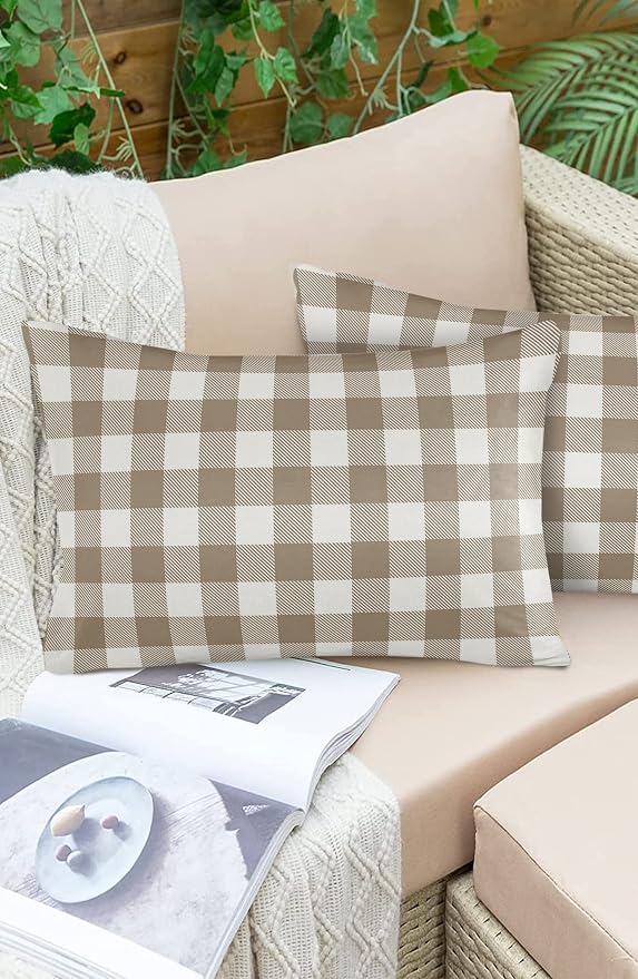 Outdoor Waterproof Throw Pillow Covers Set of 2 Light Brown Buffalo Check Plaid Lumbar Pillowcases 20x12 Inches Farmhouse Style Patio Decorative Pillows Cushion Case Patio Pillows for Couch Bed Garden