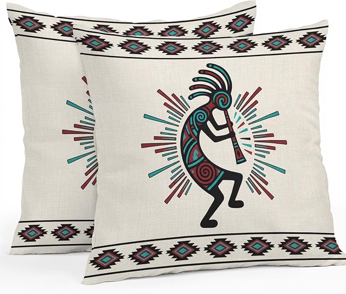 Boho Southwest Waterproof Outdoor Throw Pillow Covers 18''x18'' Pack 2, Aztec Ethnic Native Human Ethnic Plaid Pillow Cases Throw Cushion Cover with Zipper, Washable Pillowcase for Poolside Sofa