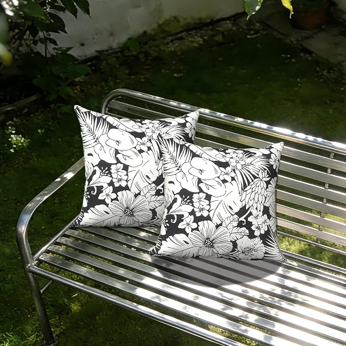 Outdoor Throw Pillow Covers 18x18 Inch, Decorative Pillow Covers for Patio Furniture, Tropical Blossom Noir Modern Cushion Cases for Garden Couch Home Sofa, Pack of 2