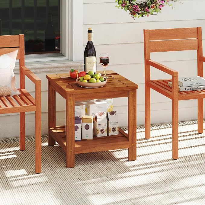 HAPPYGRILL 2-Tier Outdoor Wood Side Table with Storage Shelf, Patio Wooden End Table, Farmhouse Accent Nightstand, for Garden Yard Porch Deck Living Room (1)