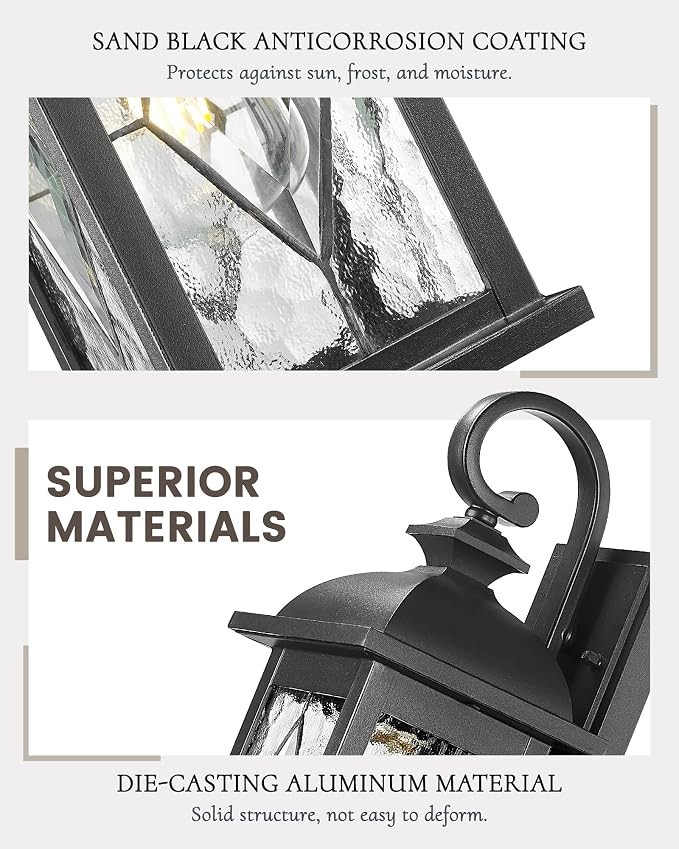 FEMILA 15" Exterior Wall Sconce, 2-Pack Outdoor Waterproof Wall Lights Fixture, Anti-Rust Matte Black Finish with Water Ripple Glass,4FD54B-2PK BK-SD