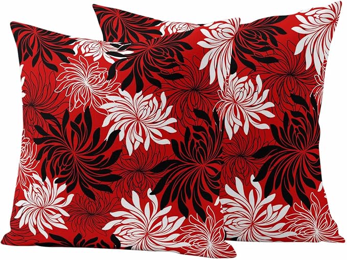 Yukro Red Black Floral Outdoor Waterproof Pillow Covers Pack of 2, Vintage White Black Flower Red Decorative Throw Pillowcases Cushion Covers for Garden Patio Tent Sofa Couch, 26x26 inch