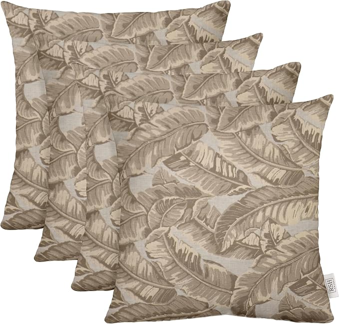 RSH DECOR: Sunbrella Square Throw Pillows Set of 4 | 22" x 22" | Water and Fade-Resistant Performance Fabric | Outdoor Pillow Covers with Down-Alternative Inserts | Made in USA (Tropics Linden Pebble)
