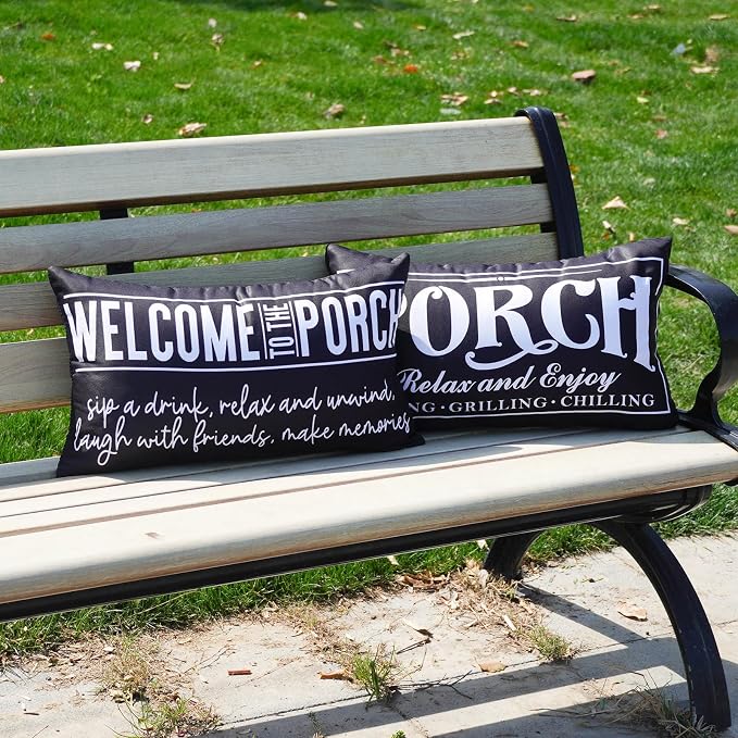 Welcome Porch Outdoor Pillow Covers 12x20 Inch Waterproof Black Decorative Throw Pillows for Patio Furniture Garden Cushion Case Bench Decor