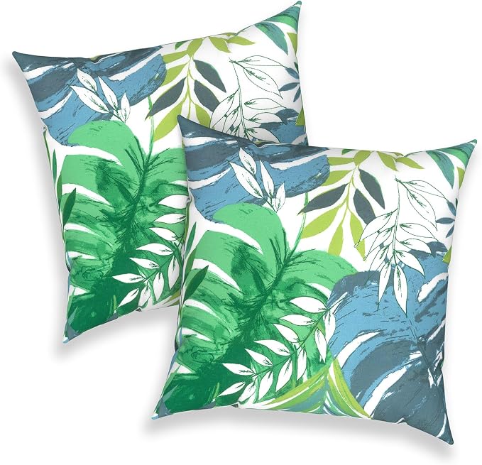 Outdoor Throw Pillows 16x16 Inch, Water Repellent Patio Pillows with Inners Set of 2 for Patio Furniture Home Garden, Islamorada Blue Green