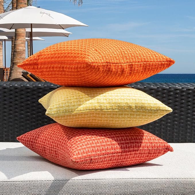 Kevin Textile Outdoor Waterproof 20"x20" Pillow Covers 2 Pack, Orange | Water Resistant Weaving Faux Linen Texture Throw Pillow Covers, Outside Decorative Pillowcases for Garden Patio Balcony Couch