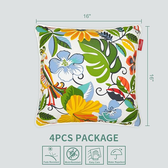 Pack of 4 Outdoor Throw Pillows,16x16 Inch All-Weather Water-Resistant Patio Pillows with Inserts,Decorative Pillows for Patio Furniture,Couch,Sofa,Poolside,Flower Bird
