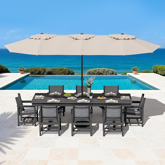 SERWALL 10 Piece Outdoor Dining Set with 15ft Triple-Head Foldable Umbrella(Based not Included), 84" HDPE Outdoor Large Table and Textilene Sling Chairs for 8, Black