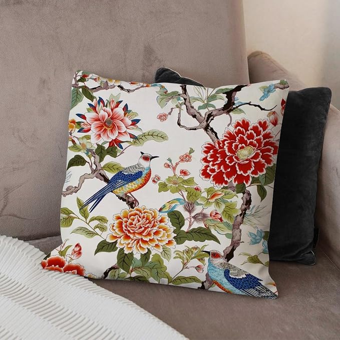 Chinoiserie Tree Peony Bird Throw Pillow Covers Floral Coral Turquoise Throw Pillow Cover Abstract Throw Pillow Covers Farmhouse Decorative for Patio Funiture Garden 16x16 in