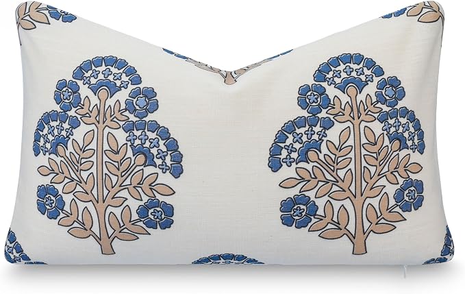 California Casual Coastal Indoor Outdoor Lumbar Pillow Cover, 12"x20" Water Repellent for Patio, Backyard, Couch, Poolside, Earth Tone Tan Azure Blue Block Print Hydrangea Flowers