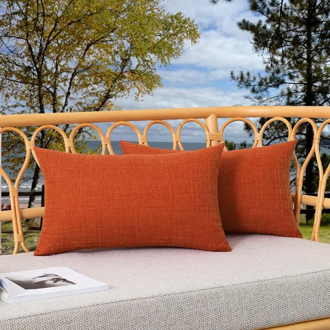 Kevin Textile Outdoor Waterproof 12”x20” Pillow Covers 2 Pack, Dark Orange | Water Resistant, Soft Faux Linen-cotton Yarn-dyed Woven Texture Throw Pillow Covers for Tent Patio Garden Couch Sofa