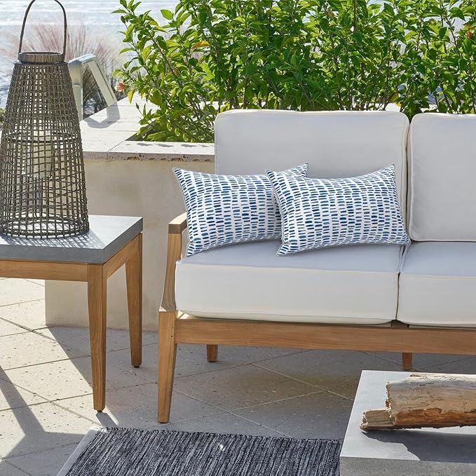 LVTXIII Set of 2 Outdoor Lumbar Pillows for Patio Furniture with White Piping, 12"x20" Fade Resistant Patio Lumbar Pillows with Inserts for Home Coach Sofa Use, A Pebble Blue