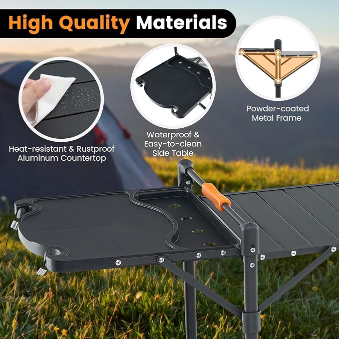 Goplus Camping Kitchen Table Station, Outdoor Portable Grill Table with Aluminum Tabletop, 4 Side Tables, Storage Rack, Folding Cooking Table for Outside Picnic BBQ RV Garden Patio Dining