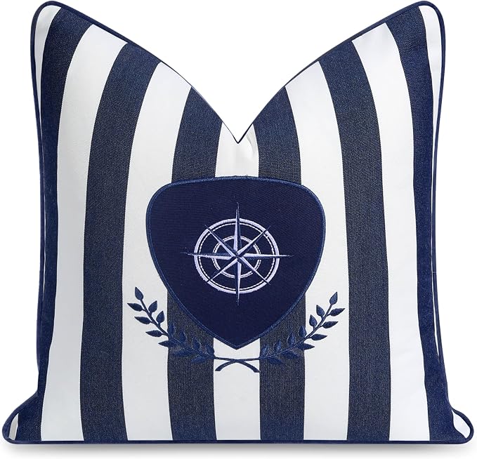 Hofdeco Premium Coastal Outdoor Performance Throw Pillow Cover Only, 18"x18" Water Repellent, UV and Fade Resistant for Backyard, Couch, Poolside, Navy Blue Embroidered Nautical Yacht Stripe