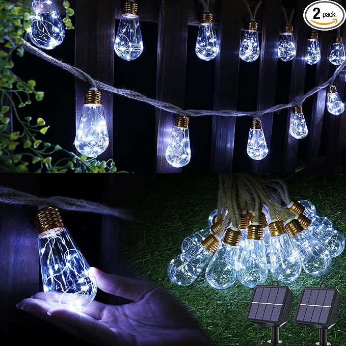 Solar Outdoor String Lights, 2 Pack 20Ft Vintage Rope Hemp Solar Patio Lights, Waterproof White Solar Powered String Lights With 8 Modes 16 Shatterproof Bulbs for Garden Stairs Balcony Café Bistro