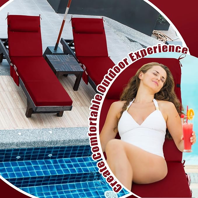 RattanView 2 Pcs Outdoor Chaise Lounge Cushion with Pillow and Side Pockets Waterproof Lounge Chair Cushions for Outdoor Furniture Patio Lounger Pad for Outside Pool Lawn (Brick Red,72 x 21 x 4)