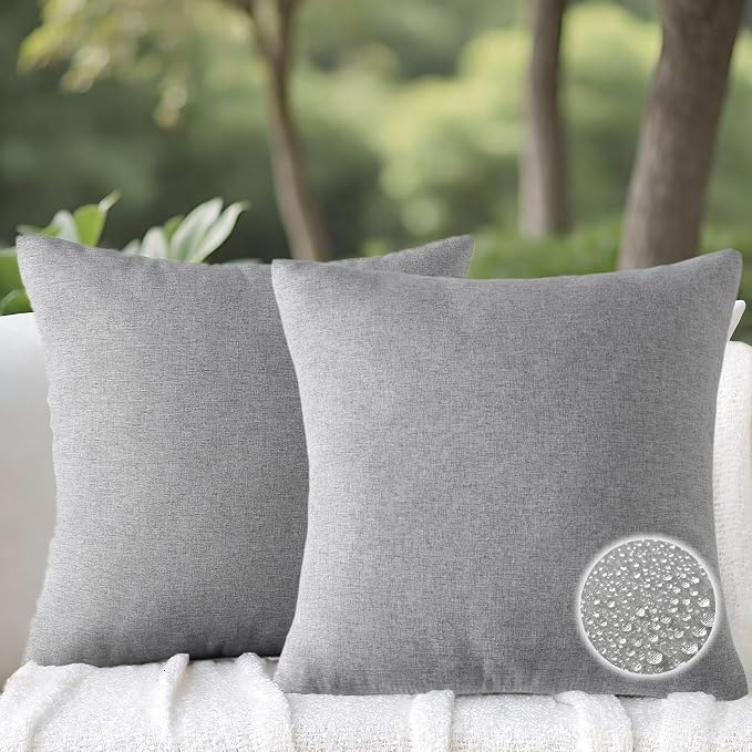 Outdoor Throw Pillows with Inserts, Waterproof Pillows for Outdoor Seating, Square Decorative Garden Cushion for Patio Furniture, Bed, Couch, Sofa(Light Gray, 18" x 18" (Pack of 2))