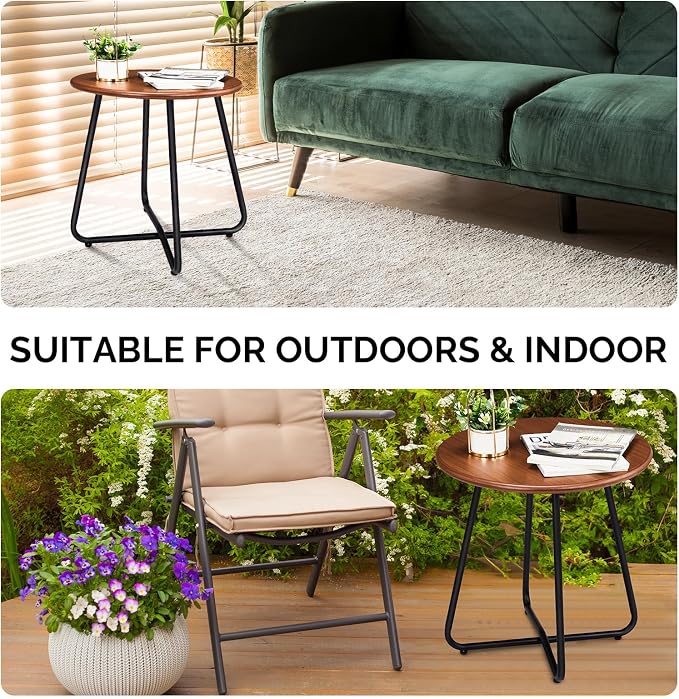 Outvita Indoor and Outdoor Side Table, Small Patio Side Table, Metal Round Portable Waterproof Weather Resistant End Table for Patio, Garden, Balcony, Yard, Wood Grain Color