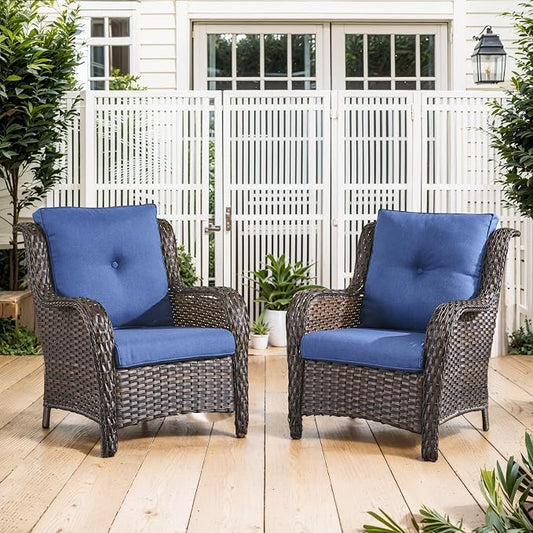 Belord High Back Patio Chairs Set of 2 - Brown Wicker Chairs Outdoor Seating, 4" Wide Armrests Rattan Outdoor Club Chair with Blue Removable Cushion for Deck Porch Backyard