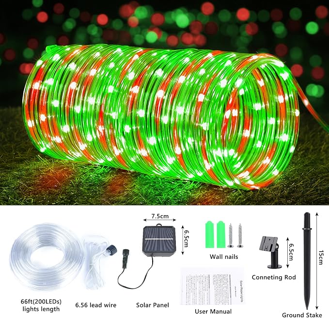 Jnaurb Solar Rope Lights, 66ft 200LED Solar String Lights, 8 Modes Waterproof Solar Outdoor Light, Flexible Clear Trampoline Light for Garden Backyard Patio Deck Porch Pool Tree Decor - Red & Green