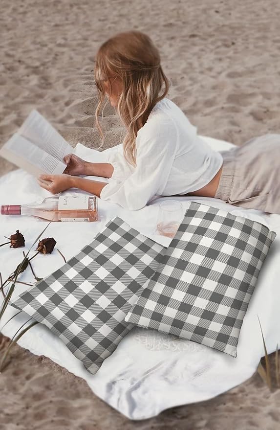 Outdoor Waterproof Throw Pillow Covers Set of 2 Gray Buffalo Check Plaid Lumbar Pillowcases 20x12 Inches Farmhouse Style Patio Decorative Pillows Cushion Case Patio Pillows for Couch Bed Chair Garden