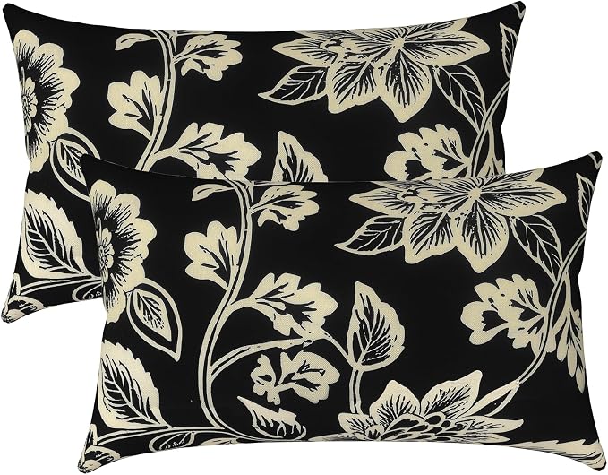 LVTXIII Outdoor/Indoor Lumbar Pillow Covers, Patio Decorative Lumbar Pillow Covers, All Weather Cushion Cases for Sofa, Patio Couch Decoration 12x20, 2 Pack, Elegant Vines Black