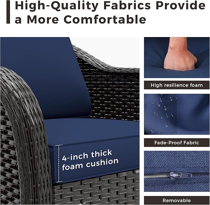 5 Pieces Outdoor Patio Rattan Conversation Furniture Set with Cushions, 78" 3-Seat Wicker Sofa, 55" 2-Seat Couch, 2 Armchairs, Metal Coffee Table for Garden (Navy Blue)