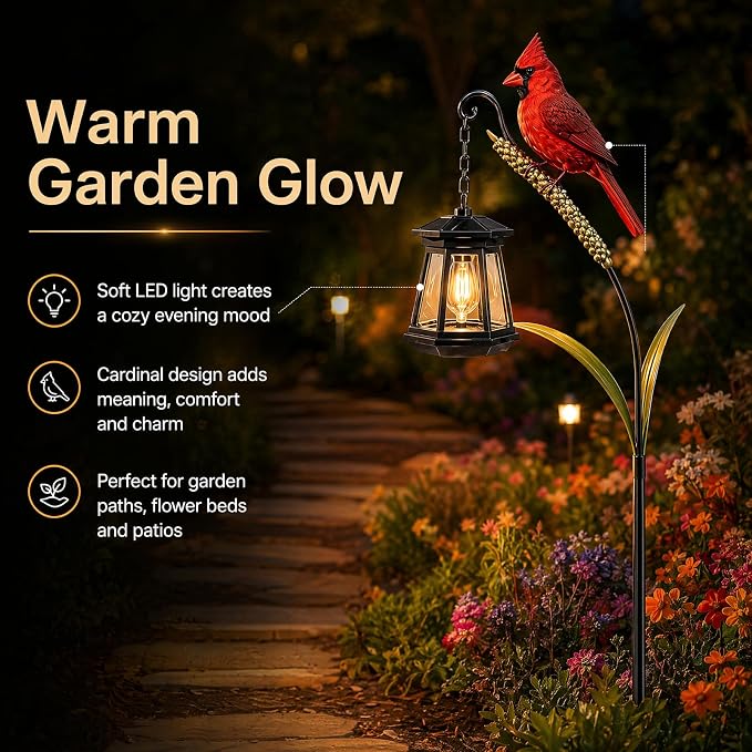 Cardinal Solar Light—A Beautiful Garden Light that Feels Full of Life | Outdoor Stake Yard Decor, Red Bird Lantern, Gift for Mom, Warm Glow Lantern for Patio Lawn Porch Pathway Yard Gardening Gift