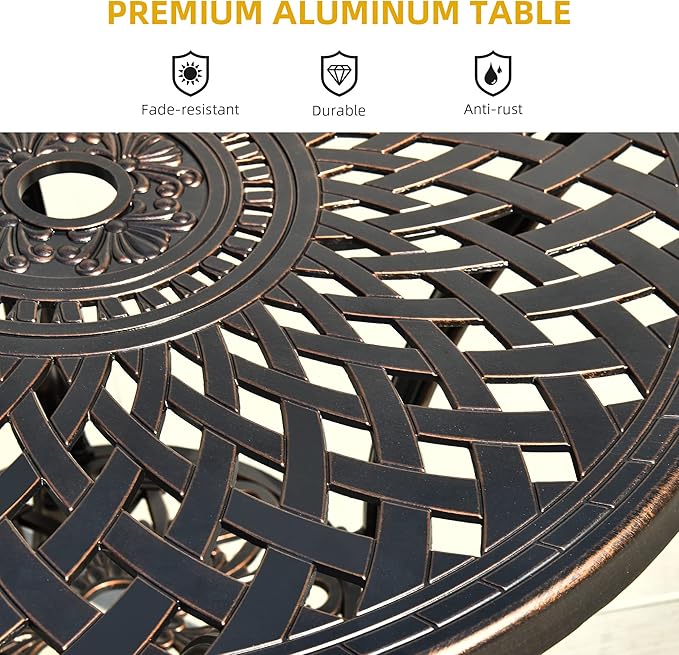 DWVO 30 Inches Round Patio Dining Table with Umbrella Hole, Antique Cast Aluminum Outdoor Bistro Table Outdoor Side Table for Backyard, Garden, Patio, Porch, Hammered Bronze