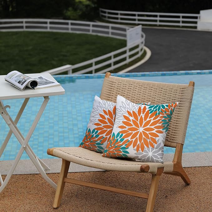 DFXSZ Outdoor Waterproof Pillow Covers 18x18 Set of 2 Orange Grey Flower | Spring Summer Waterproof Flower Throw Pillowcases（No Inserts）Outdoor Decor for Fall Patio Funiture Garden Polyester Covers