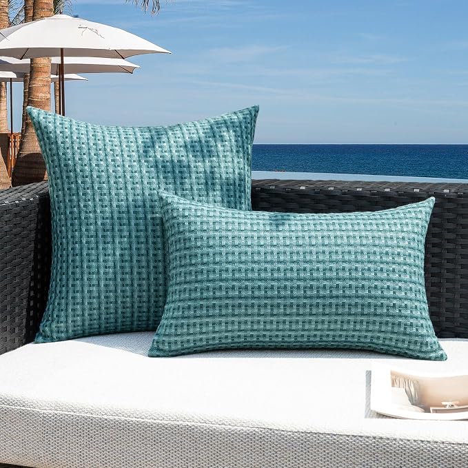 Kevin Textile Outdoor Waterproof 14"x24" Pillow Covers 2 Pack, Teal | Water Resistant Weaving Faux Linen Texture Throw Pillow Covers, Outside Decorative Pillowcases for Garden Patio Balcony Couch