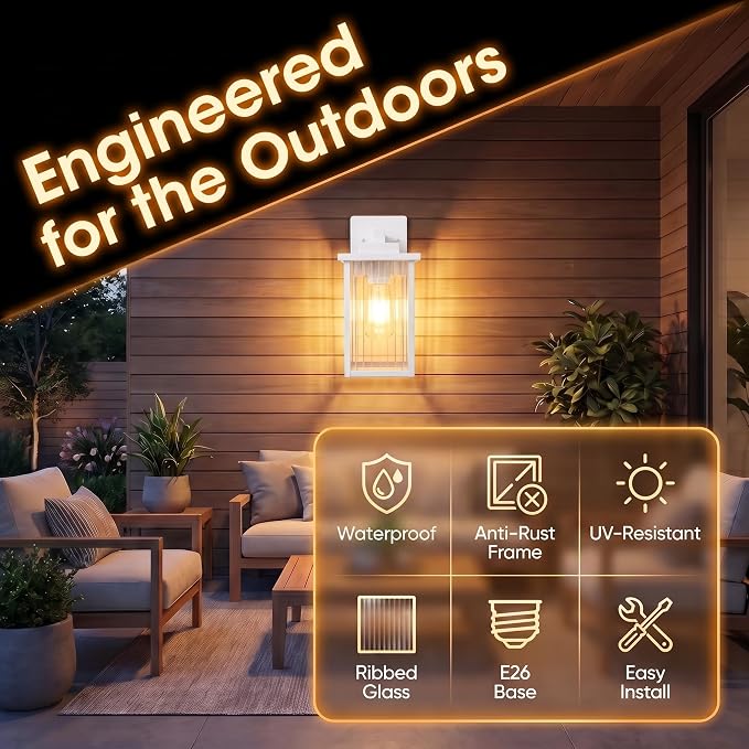 13" White Outdoor Wall Light, All-Metal Frame Porch Light | Textured Glass Softens Glare, Stays Bright. Anti-Yellowing White Metal. Pre-Assembled DIY Install. For Porch, Garage & Entry