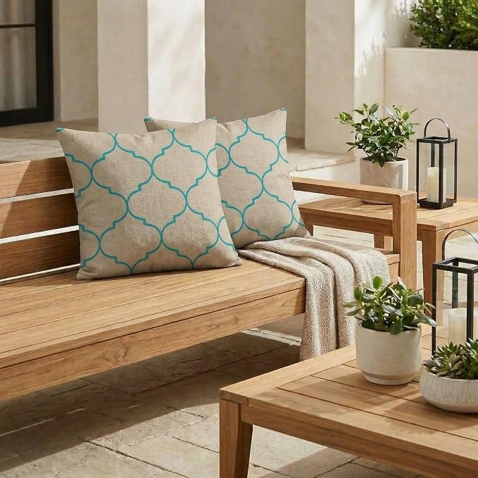RSH DECOR: Sunbrella Square Throw Pillows Set of 2 | 17" x 17" | Water and Fade-Resistant Performance Fabric | Outdoor Pillow Covers with Down-Alternative Inserts | Made in USA (Trellis Geo II Mist)