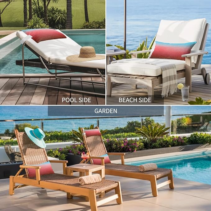Chaise Lounge Headrest Pillow 1 Pack, Blue Red Ombre Waterproof Chair Pillows with Insert & Adjustable Elastic Strap for Beach Pool Recliner, Geometric Stained Glass Outdoor Patio Pillow