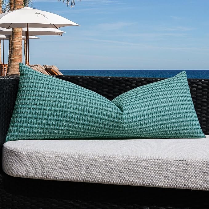 Kevin Textile Outdoor Waterproof 14"x36" Pillow Cover 1 Pack, Teal | Water Resistant Weaving Faux Linen Texture Throw Pillow Covers, Outside Decorative Pillowcases for Garden Patio Balcony Couch