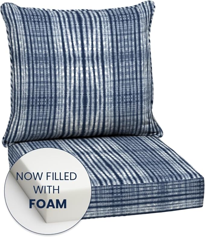 Arden Outdoor Foam Deep Seat Cushion Set, 4-Pack, 24x24, Premium High-Density Foam, Never Flattens, Weather-Proof for Patio Chair Sofa Couch, Blue Shibori Stripe | 4-Pack, Sofa, Couch, Conversation Set, Premium High-Density Foam, Never Flattens, Mold a...