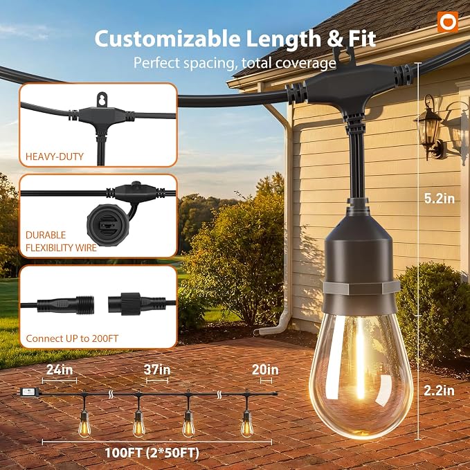 addlon 100FT Outdoor String Lights with Remote Dimmable Waterproof Patio | Warm White Edison Bulbs, Heavy Duty Shatterproof Hanging Strand for Outside Backyard Porch Garden Bistro Pergola Party