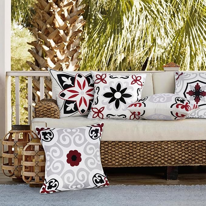 Pyonic Black Tan White Gray Outdoor Pillows Waterproof Throw Pillow Covers Set of 4 Floral Printed and Boho Farmhouse Outdoor Pillow Covers for Patio Funiture Garden 18x18 Inch
