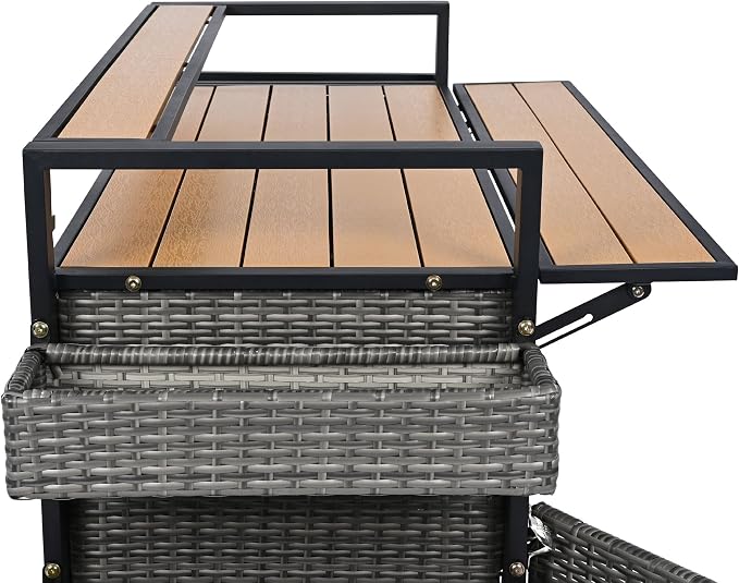 52.8" W Wicker Outdoor Bar Cart Table with Extended Plastic Wood Table Top, Outdoor Grill Cart with Large Storage Cabinet, for Patio Backyard Garden Poolside, Double Handle Design, Grey