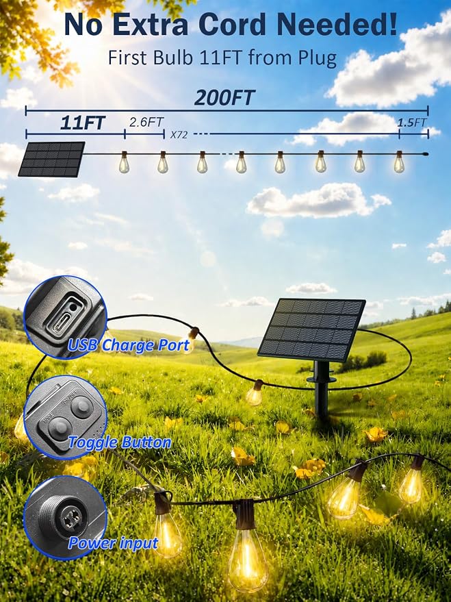 200FT Solar String Lights Outdoor, Dimmable Patio Lights Solar Powered with Remote & USB Port 72+2 LED Shatterproof Bulbs 3 Light Modes, Waterproof Solar Light for Camping Backyard Garden