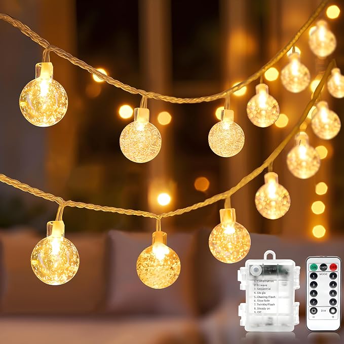 Metaku 16.4Ft 50LED Battery Operated Globe String Lights with Remote | Waterproof Fairy Lights Indoor Outdoor Hanging Lights Decorative Christmas Lights for Home Party Patio Garden Wedding