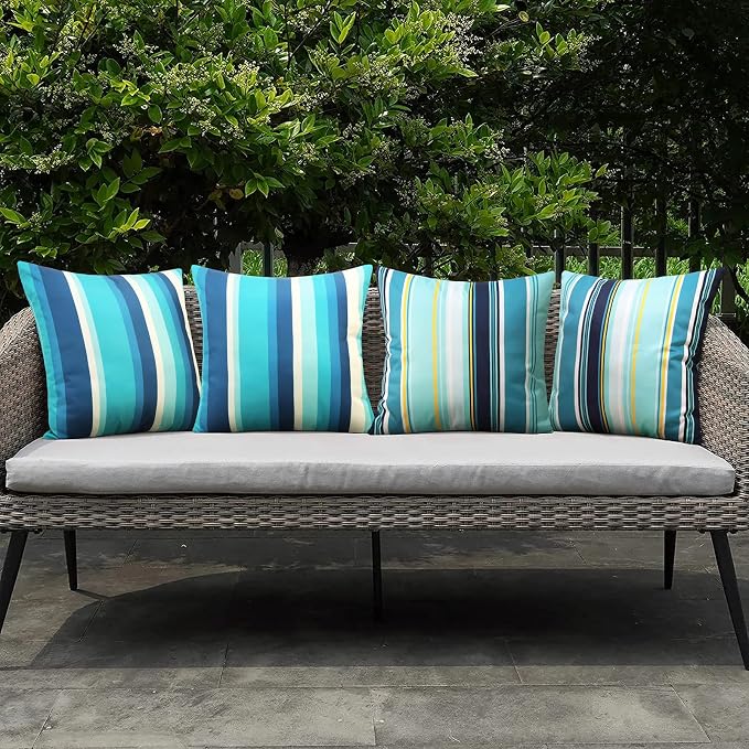 Pyonic Pack of 2 Outdoor Waterproof Throw Pillow Covers Light Blue Pillow Covers Decorative Square Cushion Cases for Patio Furniture Tent Garden Couch,18x18 Inches,Color Stripe