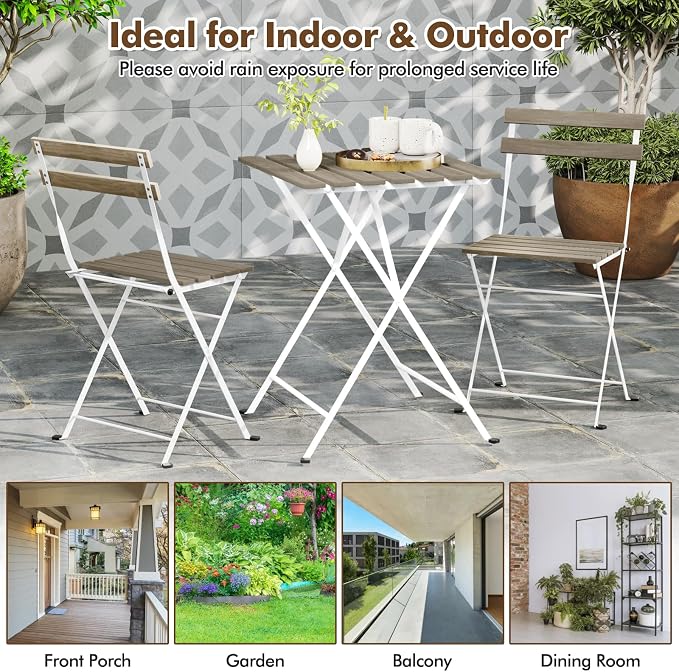 Giantex 3-Piece Acacia Wood Bistro Set, Patio Bistro Table with 2 Folding Chairs, Slatted Seat & Tabletop, Metal Frame, Outdoor Furniture Set for Backyard, Porch, Garden, Poolside (White + Gray)