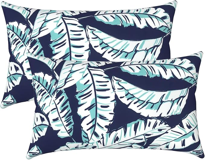 LVTXIII Set of 2 Patio Lumbar Pillows, 12”x20” Fade Resistant Outdoor Lumbar Pillow with Inners, Fluffy Decorative Garden Lumbar Cushions for Home Patio Coach Sofa Use, Baltic Palms White