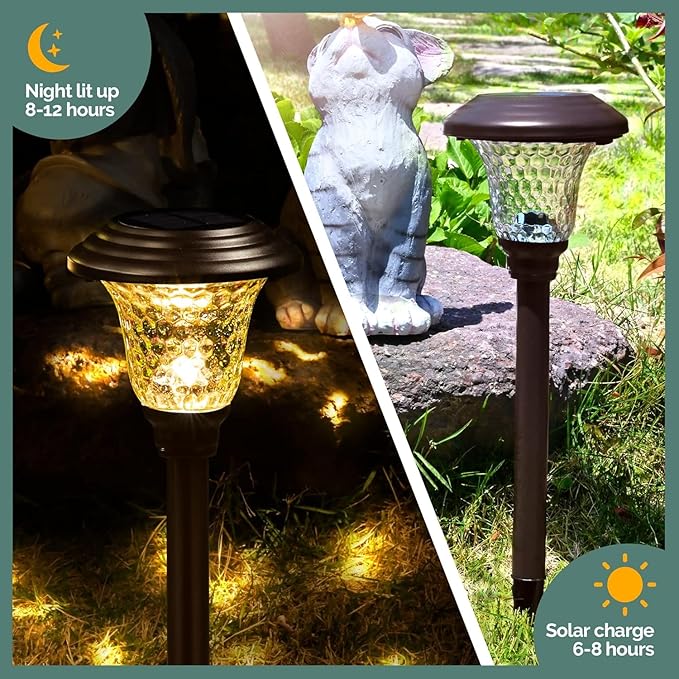 GIGALUMI Metal & Glass Solar Lights Outdoor, 8 Pack LED Garden Lights | Solar Pathway Lights Waterproof IP65, Warm White Landscape Path Lights, Garden Decor for Yard, Patio, Walkway (Brown)