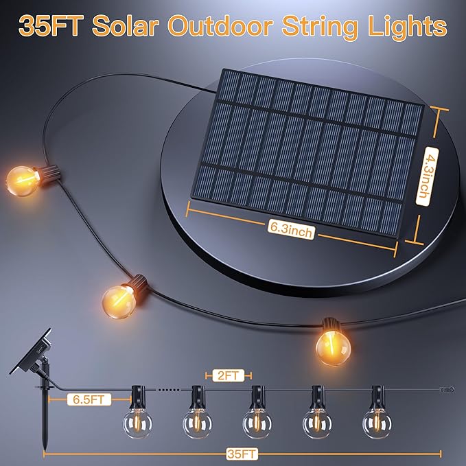 Ollny 35FT Solar Patio Lights, Waterproof Remote Control Dimmable Timers 3Modes Outdoor Light with 15 LED + 1 Spare Shatterproof Bulb, G40 String Lights for Outside Camping Backyard Tree Bistro