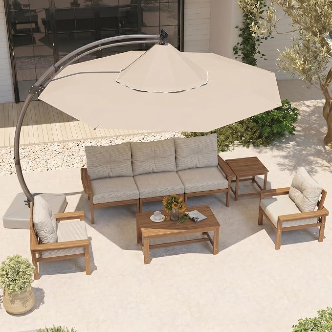 3-Piece Teak Outdoor Sofa Set, 3×3-Seat HDPE Sofas with Thick Beige Cushions, Large Patio Conversation Seating for Backyard, Deck, Garden